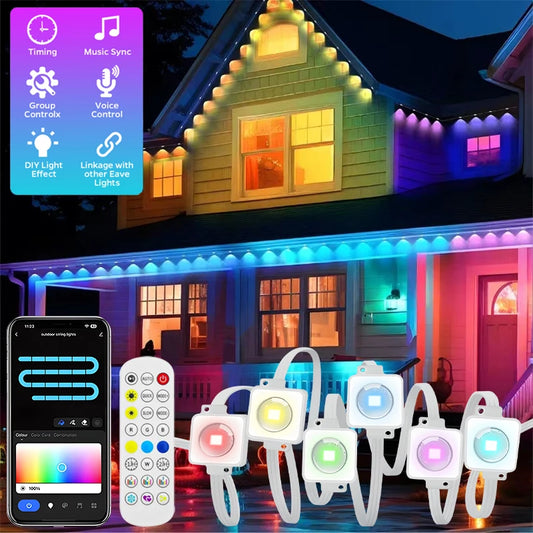 100FT 60 LED Waterproof RGB Outdoor String Lights – Permanent Eaves Lighting for Christmas, Birthday & Holiday Parties