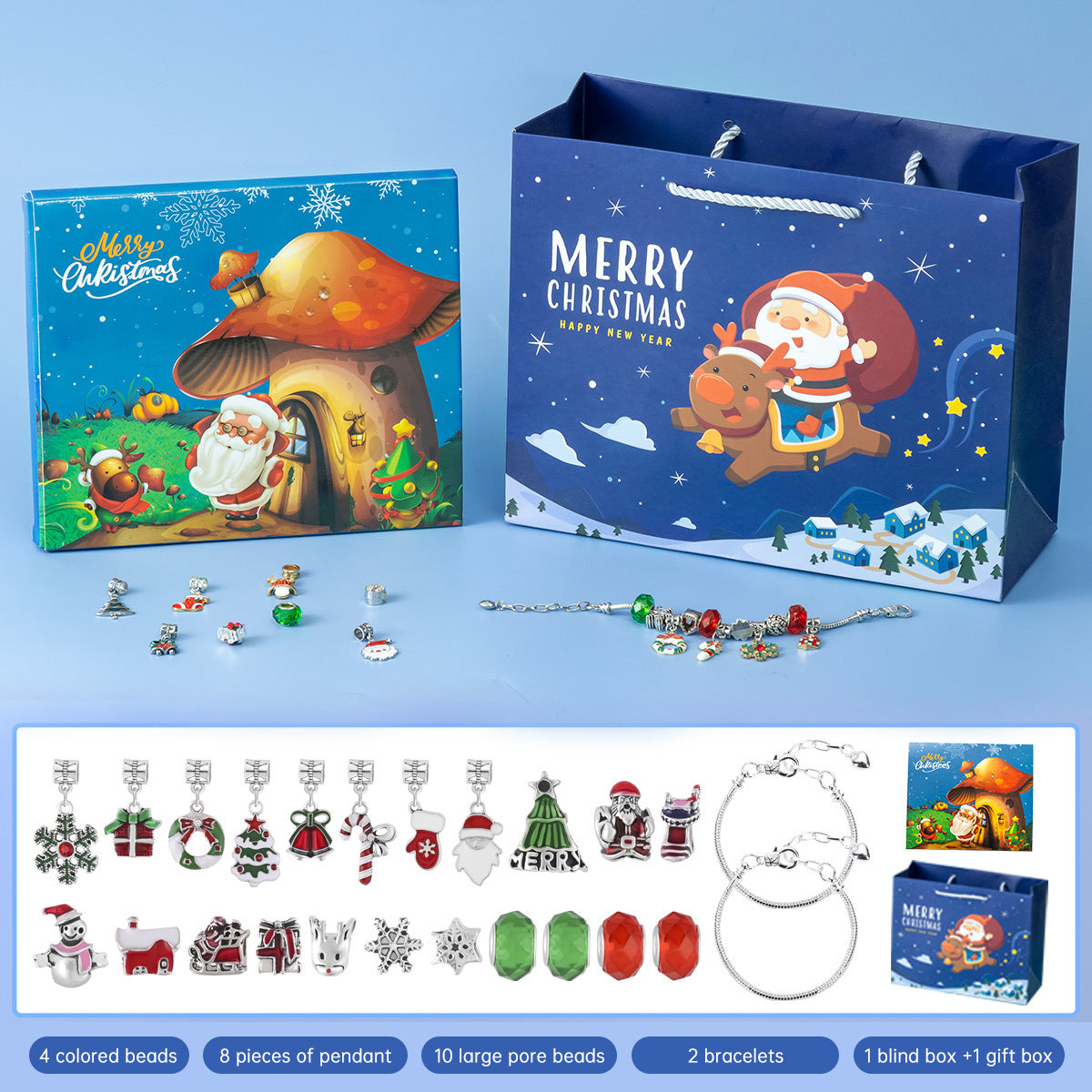 DIY Creative Children’s Bracelet Jewelry – 24-Grid Calendar Christmas Holiday Surprise Blind Box Silver Set