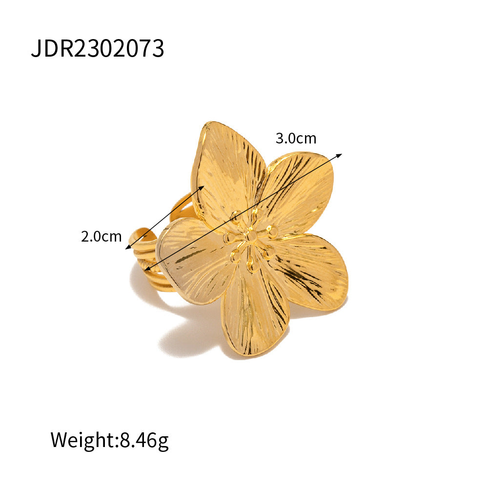 French Court Style Matte Retro Gold Stainless Steel Flower Metal Open Ring – High-End Luxury Jewelry