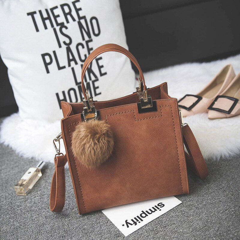 Luxury Suede Leather Handbag for Women – Casual Tote Bag, Large Shoulder & Messenger Bag, High-Quality Women’s Handbag with Fur Ball