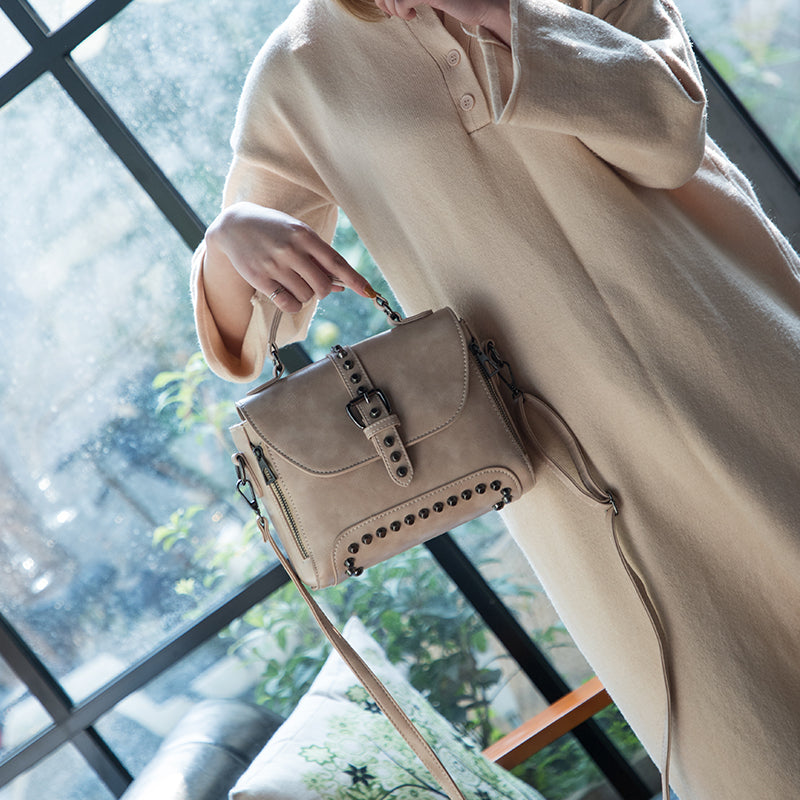 White Vintage Oil Leather Luxury Handbags – Designer Crossbody & Rivet Small Handbag for Women