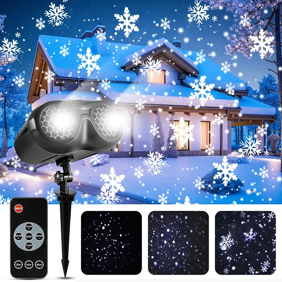 Double-Head Christmas Snowfall Projector Light – Rotating Snowflake Projector Lamp for Outdoor Holiday Party Decoration