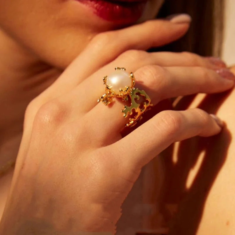 Sea Moon Coral Baroque Pearl Ring – Jinser Retro Classic Luxury Jewelry