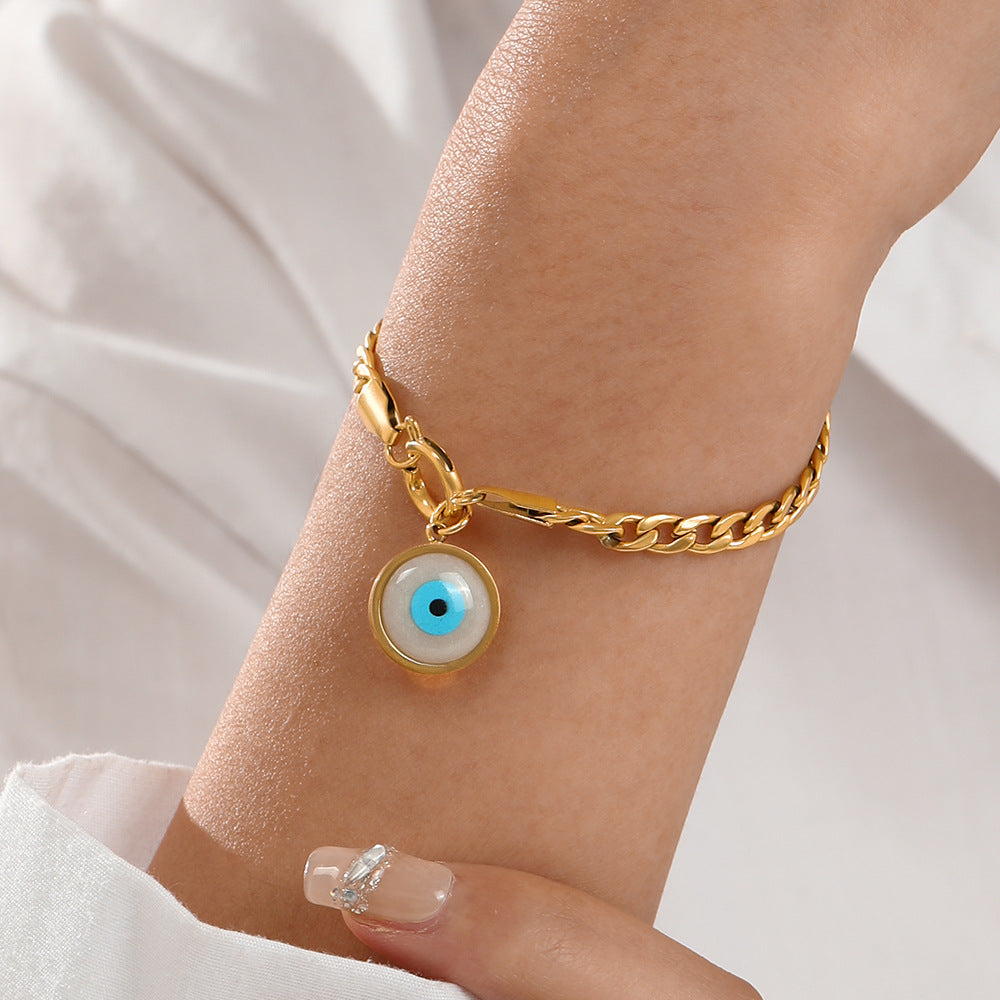 Evil Eye Stainless Steel Bracelet – Trendy Fashion Ethnic Style Inlaid Shell Jewelry for Women