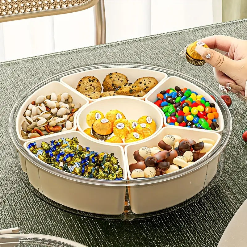 1pc Rotating Snack Tray with Lid – Round Food Organizer for Nuts, Candy & Dried Fruit