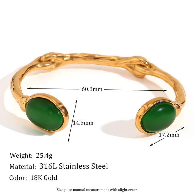 Oval Natural Stone Green Agate Pink Crystal 18K Gold Plated Bracelet – Luxury Women’s Jewelry