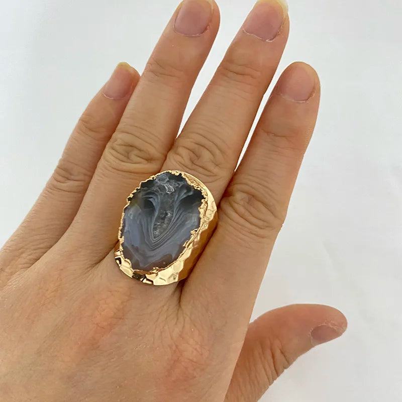 Agates Ring Slice Druzy Handmade Electroplated Goldtone Plated Natural Stone Ring from Brazil