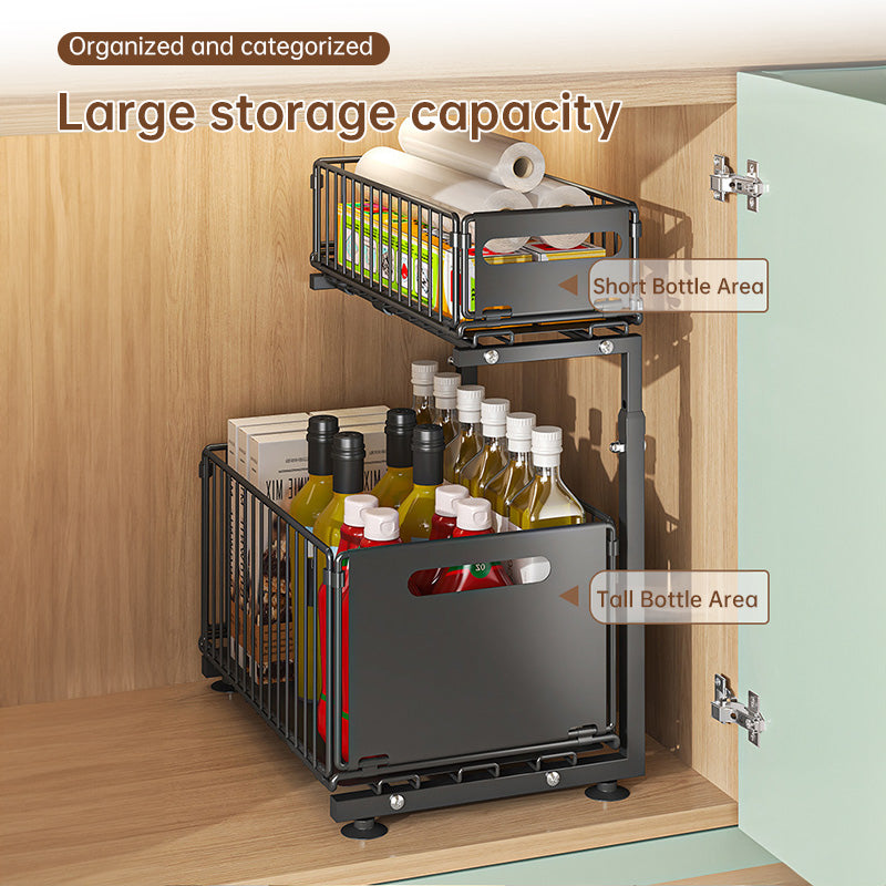 2-Tier Pull-Out Cabinet Organizer – Adjustable Under-Sink Kitchen Basket & Drawer Slide Spice Rack