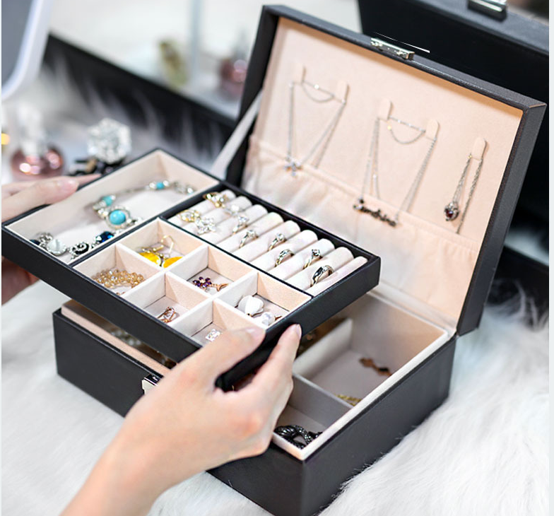 Luxury Double Layer Leather Jewelry Box with Lock – High Capacity Storage for Rings, Necklaces & Earrings