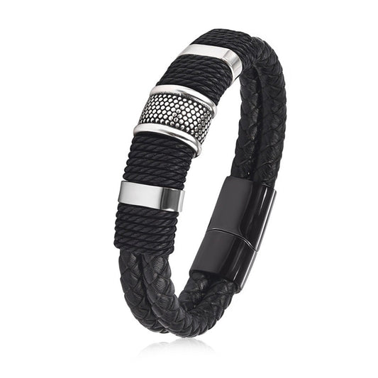 Black Braid Woven Leather Titanium Stainless Steel Bracelet – Men’s Vintage Jewelry Bangle