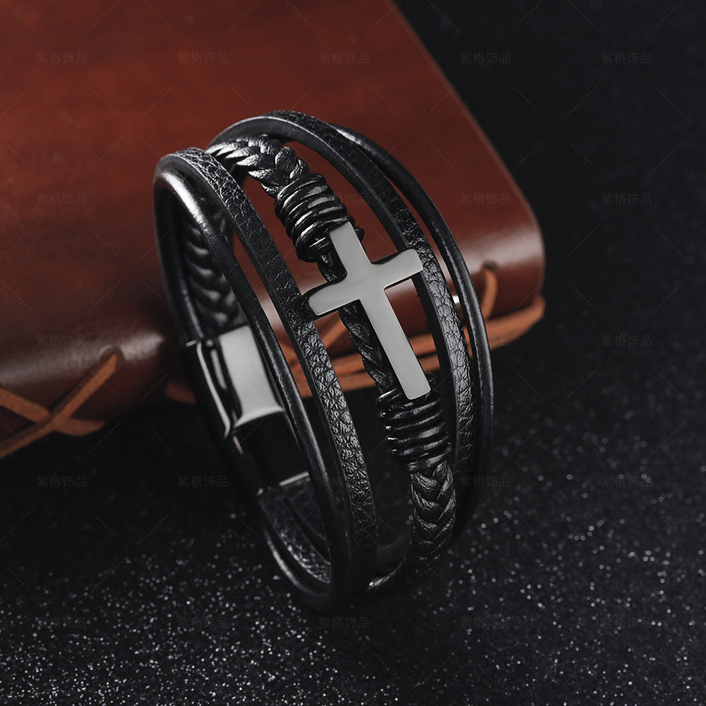 Braided Handmade Leather Magnetic Buckle Cross Bracelet – Men’s Titanium Steel Jewelry