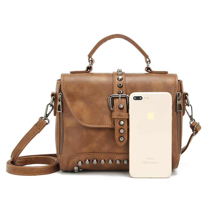 White Vintage Oil Leather Luxury Handbags – Designer Crossbody & Rivet Small Handbag for Women