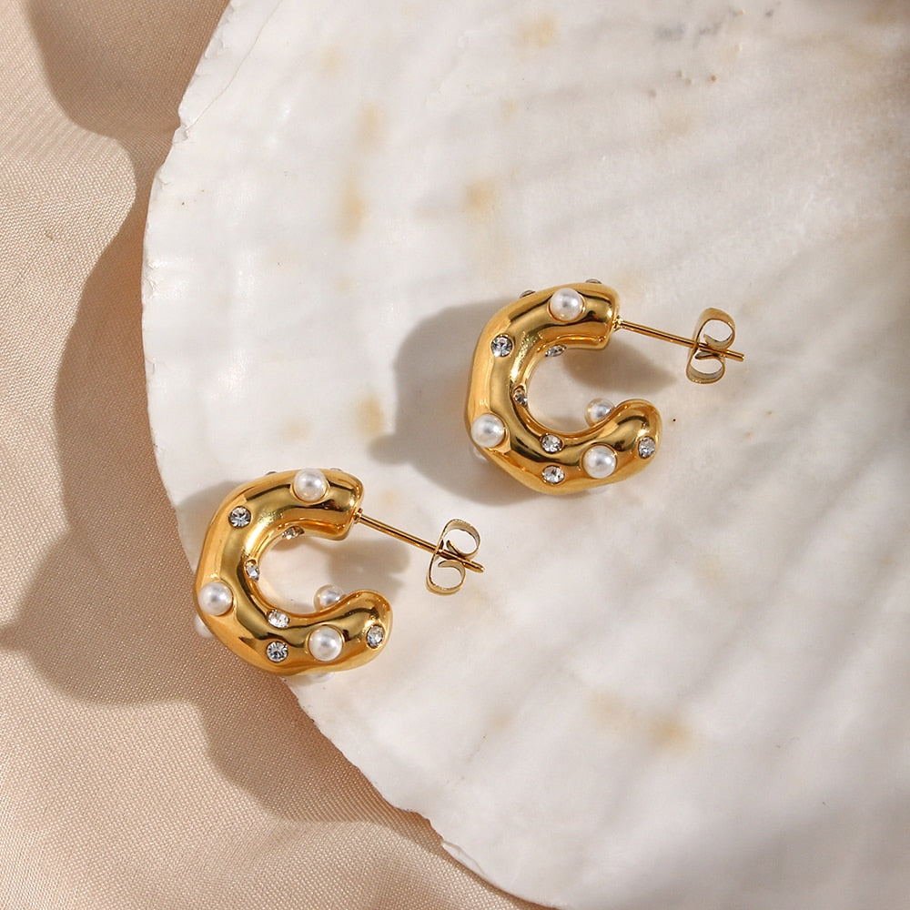 Women’s Chunky Stainless Steel Gold Plated Earrings – Bold Pearl & Zircon Statement Earrings