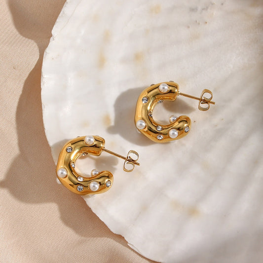 Women’s Chunky Stainless Steel Gold Plated Earrings – Bold Pearl & Zircon Statement Earrings