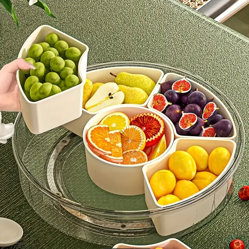 1pc Rotating Snack Tray with Lid – Round Food Organizer for Nuts, Candy & Dried Fruit