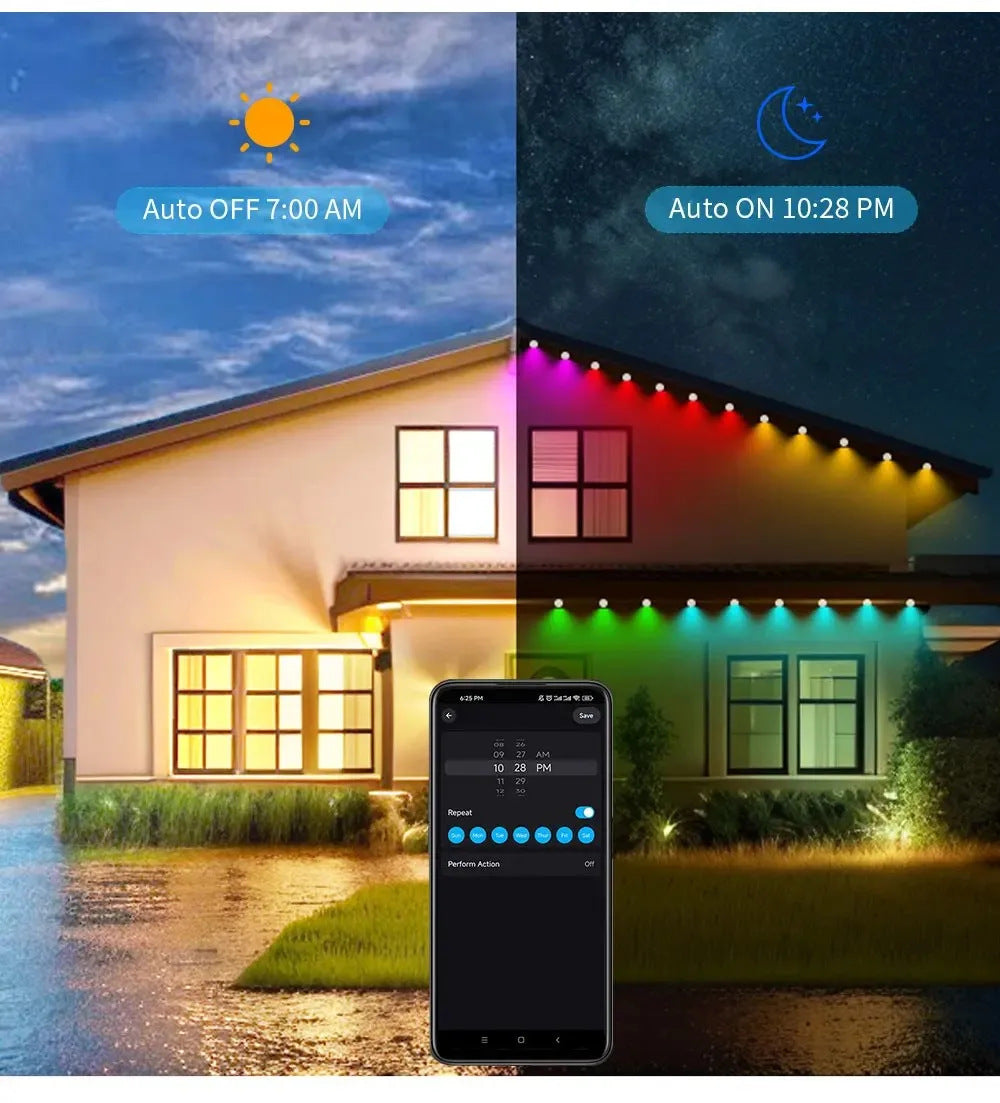 100FT 60 LED Waterproof RGB Outdoor String Lights – Permanent Eaves Lighting for Christmas, Birthday & Holiday Parties