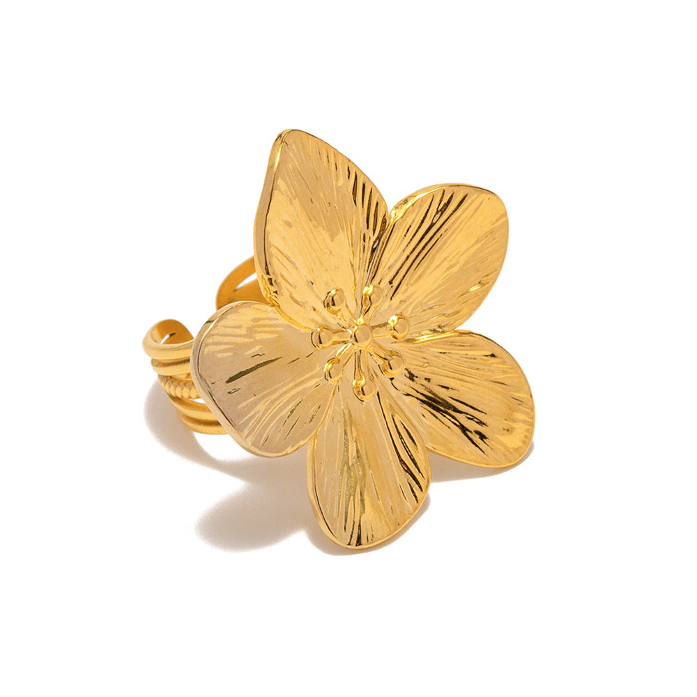 French Court Style Matte Retro Gold Stainless Steel Flower Metal Open Ring – High-End Luxury Jewelry