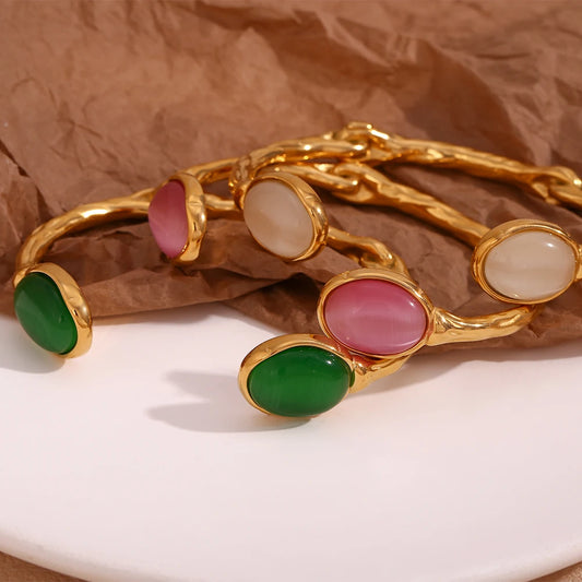 Oval Natural Stone Green Agate Pink Crystal 18K Gold Plated Bracelet – Luxury Women’s Jewelry