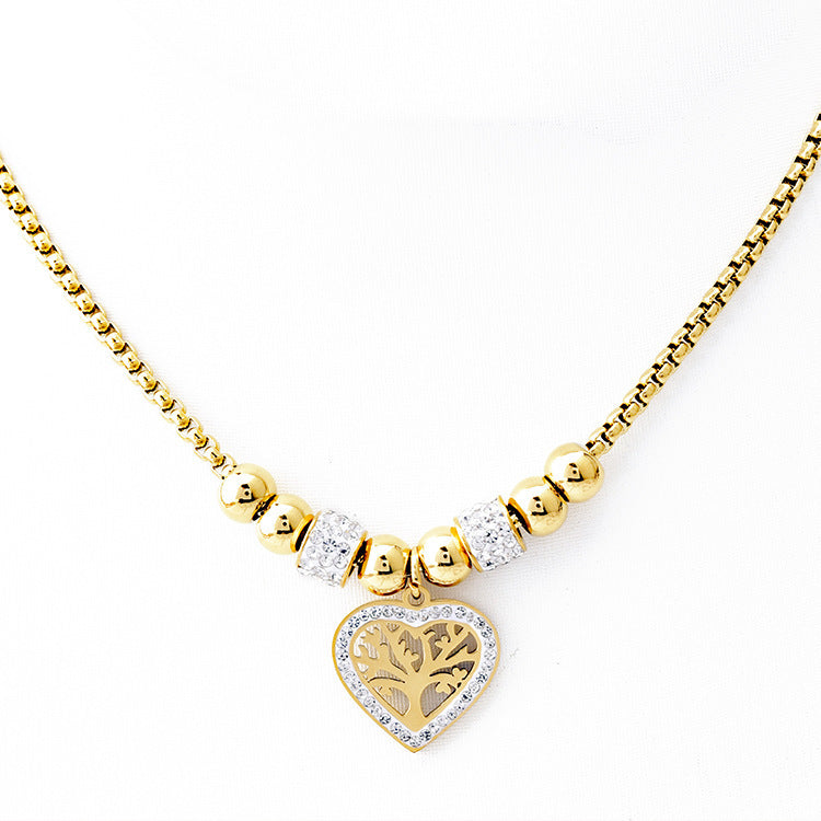 Titanium Steel Heart Tree of Life Necklace – European & American Style Rhinestone Jewelry