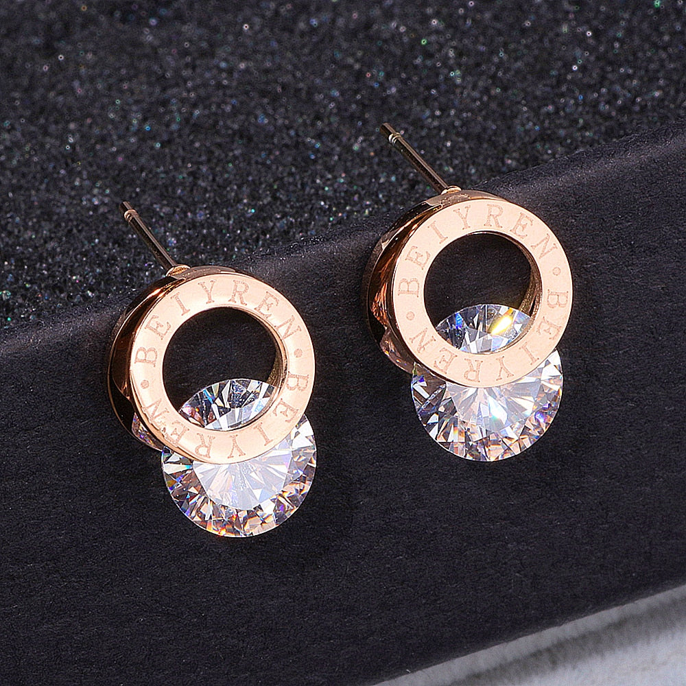 Trendy Shine AAA Zirconia Rose Gold 316L Stainless Steel Stud Earrings – Fashion Jewelry WX028
