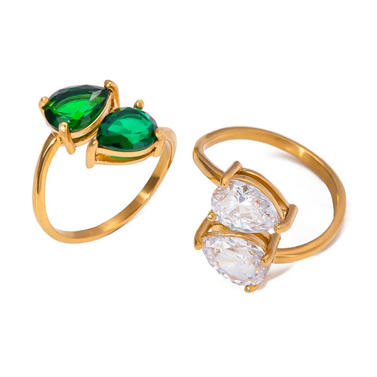 Asymmetric Teardrop Green White Zirconia Open Ring – Luxury Wedding Women’s Jewelry
