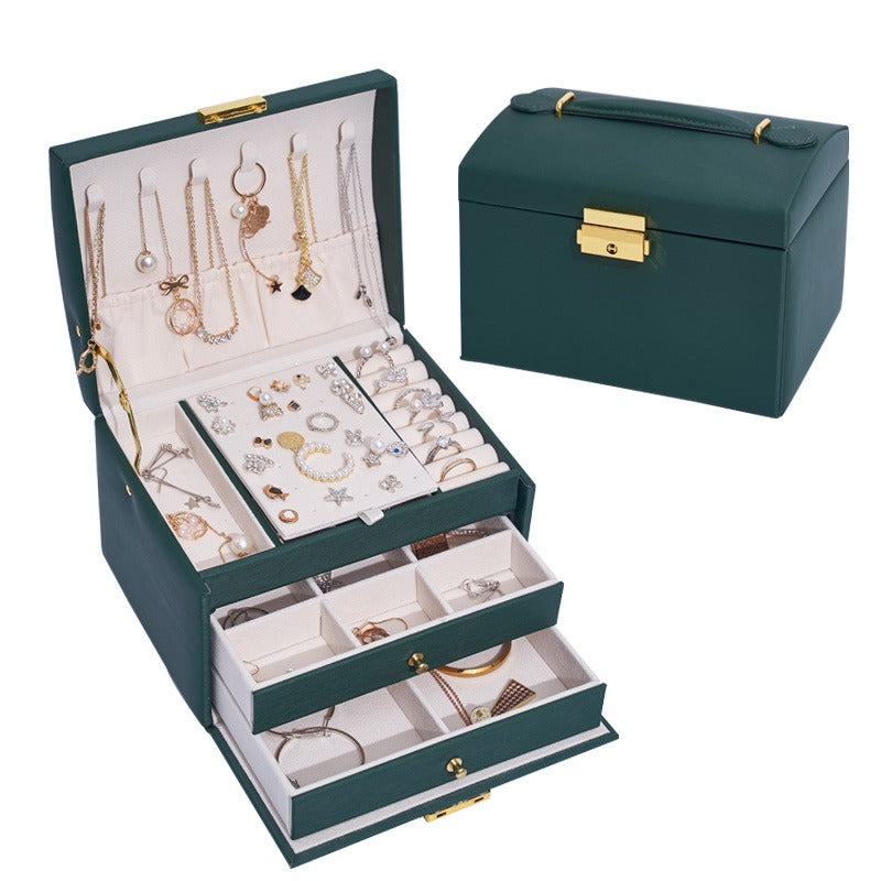 Luxury Three Layer Leather Drawer Jewelry Box with Lock – Elegant Earring & Stud Organizer