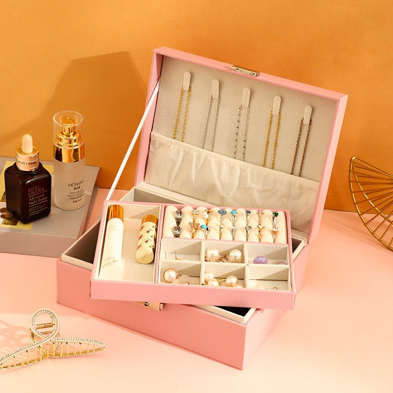 Luxury Double Layer Leather Jewelry Box with Lock – High Capacity Storage for Rings, Necklaces & Earrings
