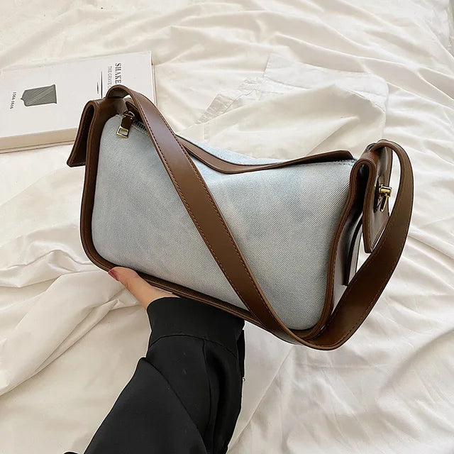 Fashion Women PU Leather Handbag – Large Capacity Denim Shoulder Crossbody Bag with Zipper Clutch