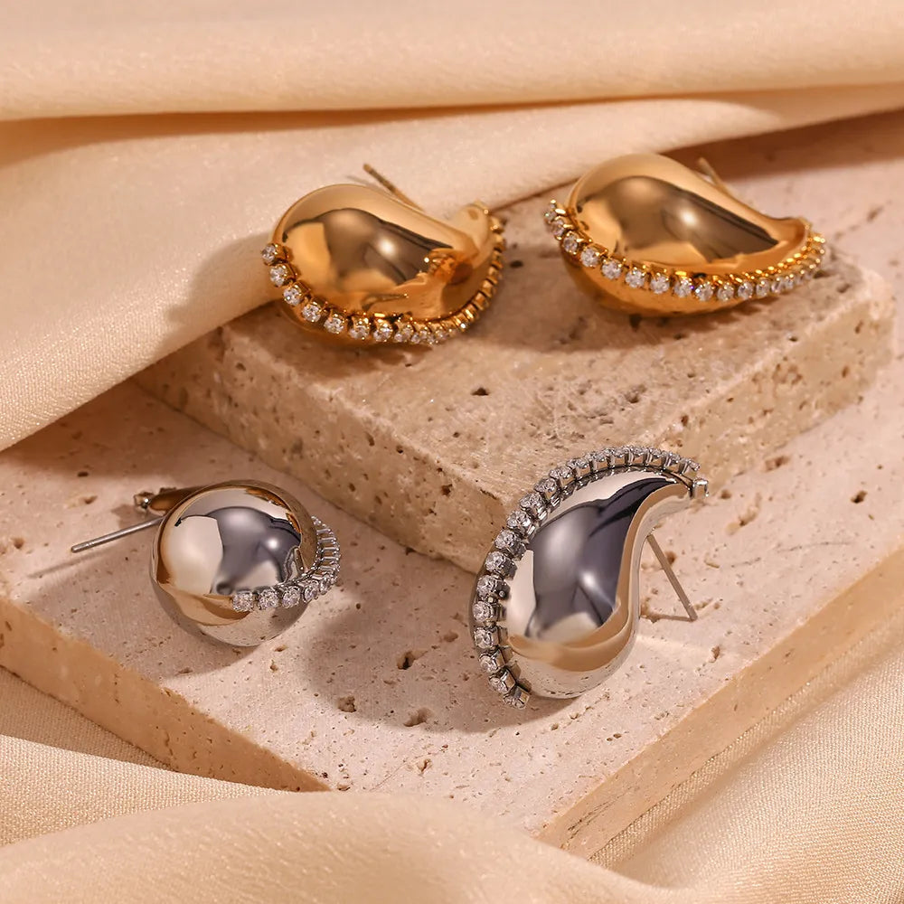 Vintage Stainless Steel Crystal Hollow Droplet Earrings – 18K Gold Plated Luxury Jewelry for Women