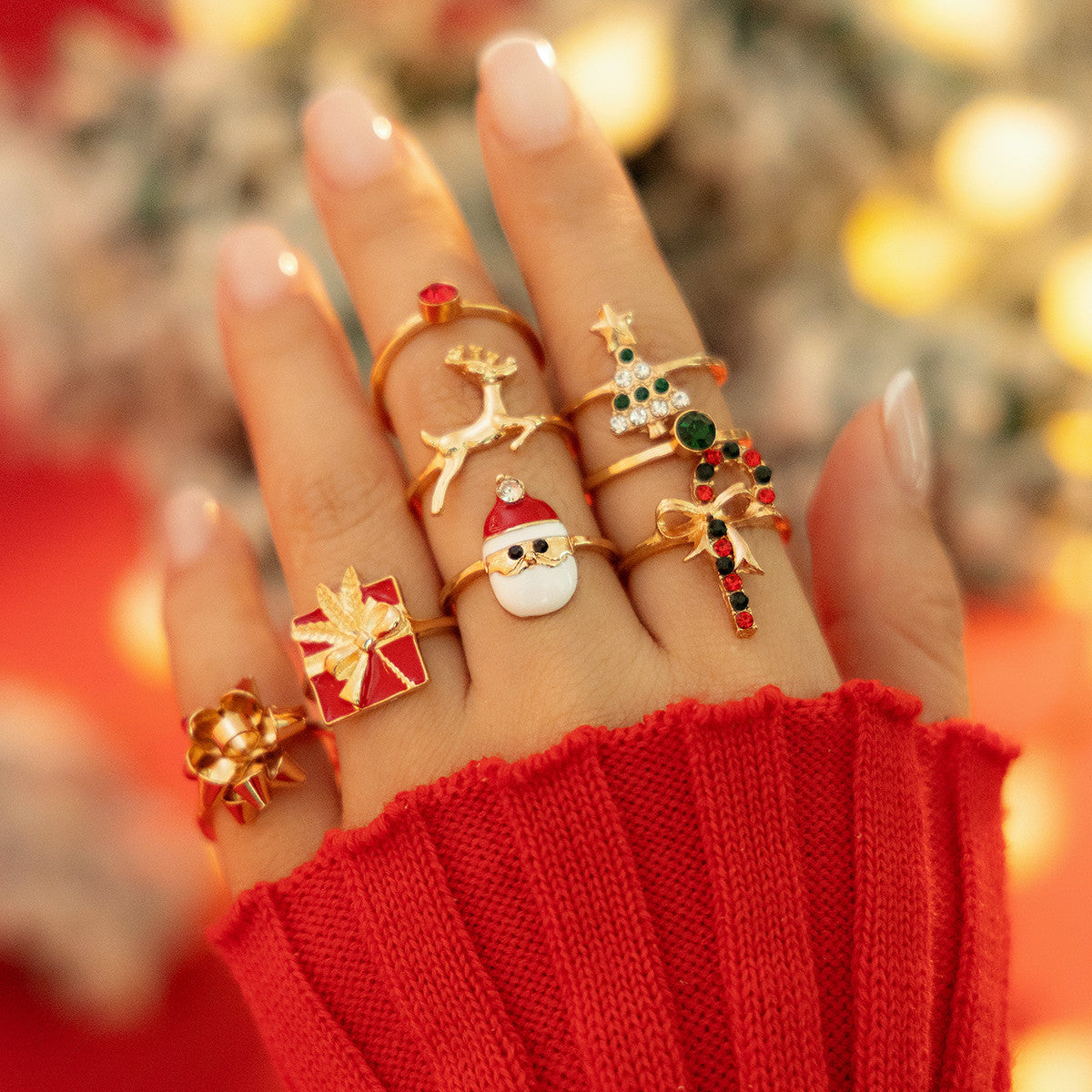 Christmas Candy Deer Ring Set – Creative Holiday Santa Claus Alloy + Drip Oil Rings for Women