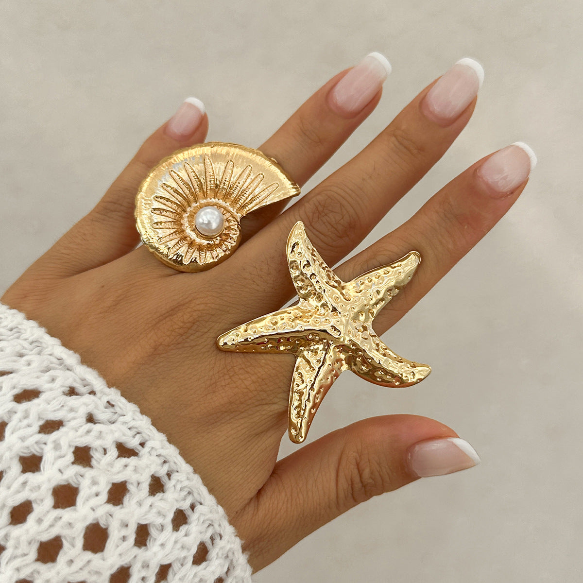 Starfish Beach Imitation Pearl Adjustable Ring – Holiday Style Alloy Women’s Jewelry