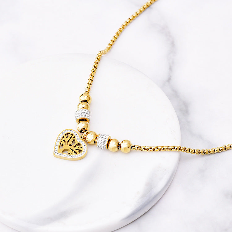 Titanium Steel Heart Tree of Life Necklace – European & American Style Rhinestone Jewelry