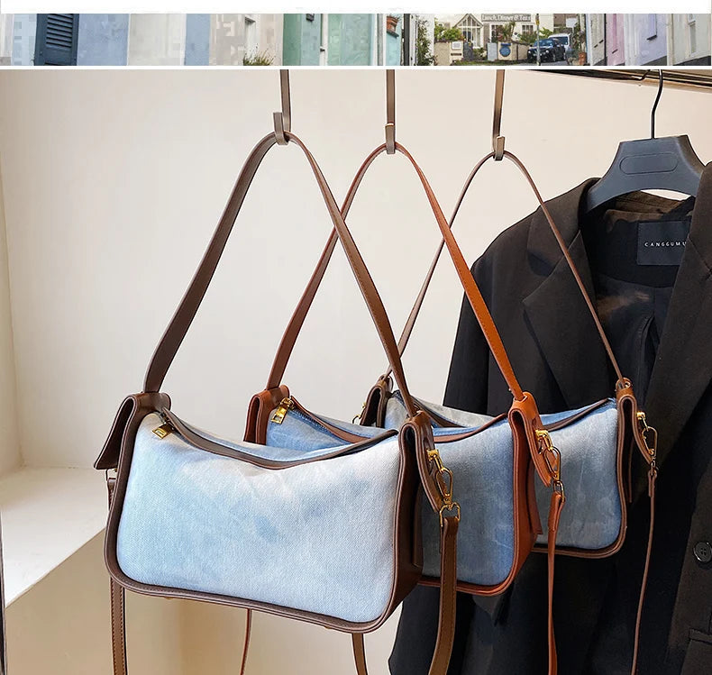 Fashion Women PU Leather Handbag – Large Capacity Denim Shoulder Crossbody Bag with Zipper Clutch