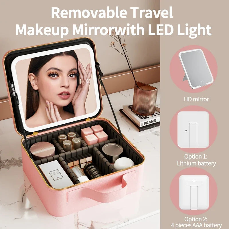Light Up Box Vanity Organizer Portable Makeup Bag Mirror with LED Light – Travel Cosmetic Storage Case
