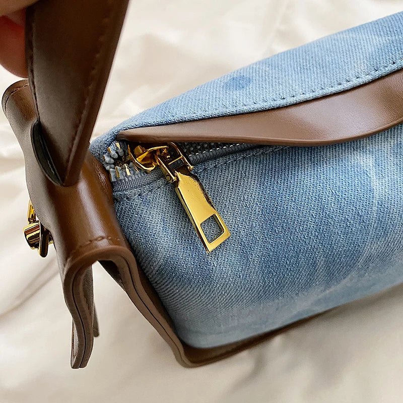 Fashion Women PU Leather Handbag – Large Capacity Denim Shoulder Crossbody Bag with Zipper Clutch