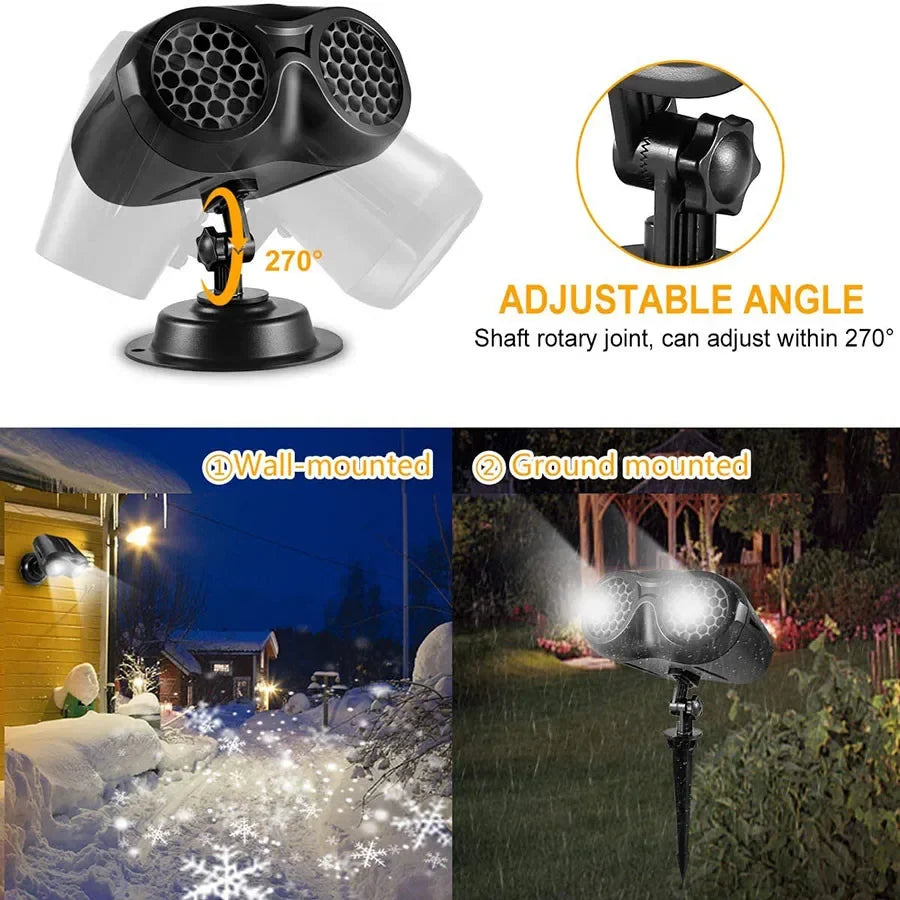 Double-Head Christmas Snowfall Projector Light – Rotating Snowflake Projector Lamp for Outdoor Holiday Party Decoration