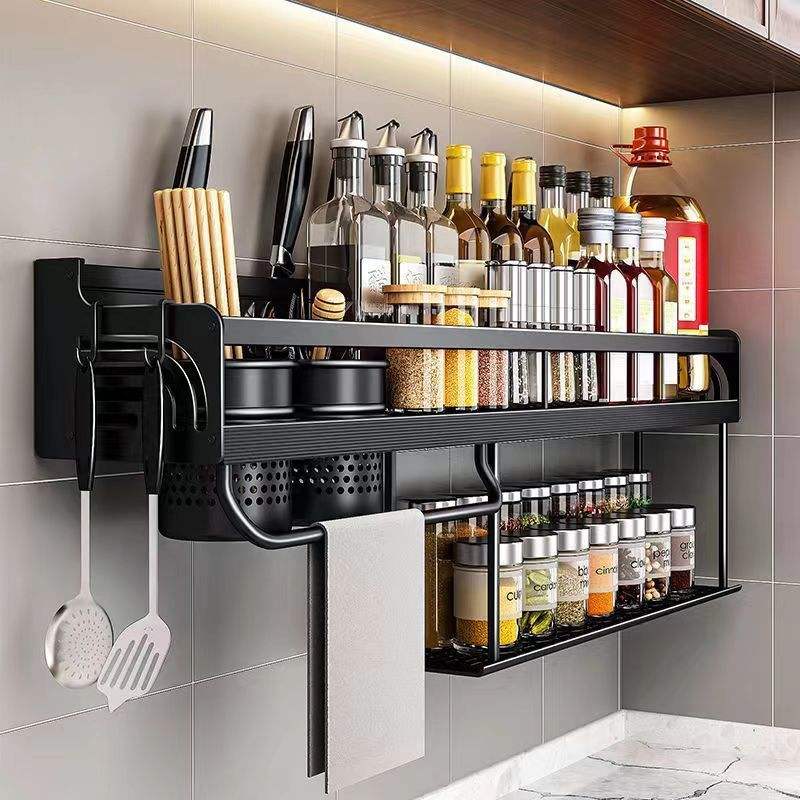 No-Punching Black Aluminum Kitchen Wall-Mounted Multi-Function Seasoning Bottle Holder – Storage Rack Organizer