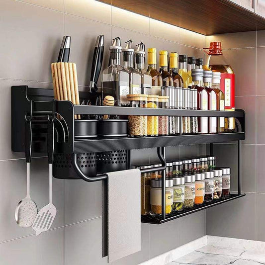 No-Punching Black Aluminum Kitchen Wall-Mounted Multi-Function Seasoning Bottle Holder – Storage Rack Organizer
