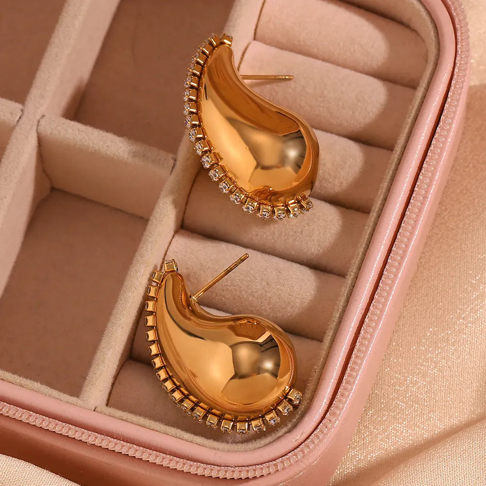 Vintage Stainless Steel Crystal Hollow Droplet Earrings – 18K Gold Plated Luxury Jewelry for Women