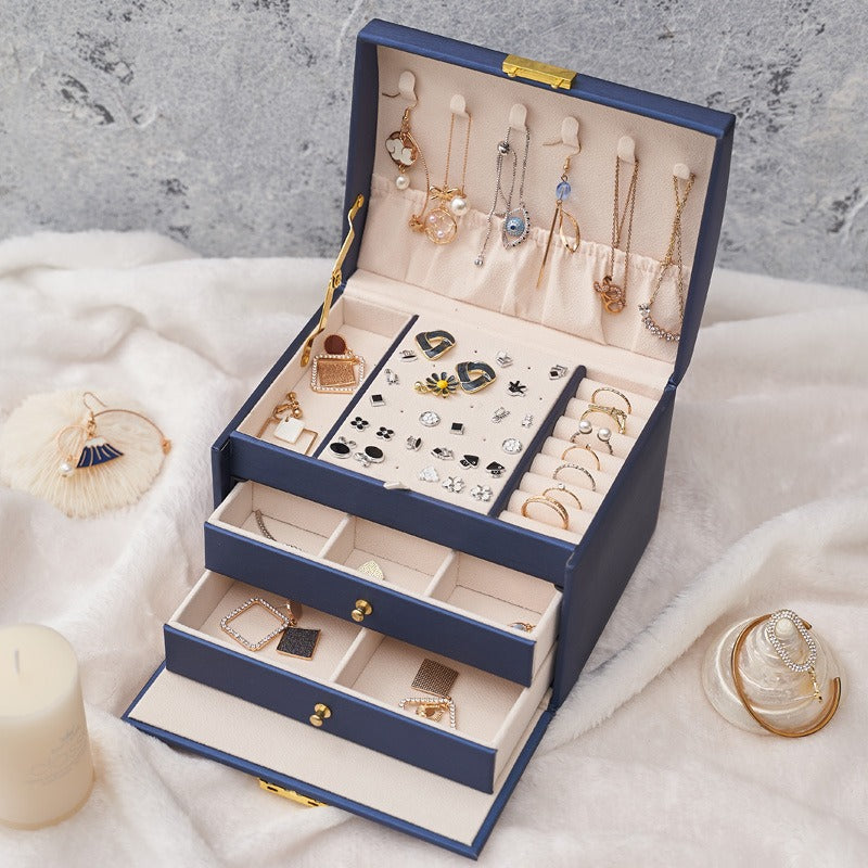 Luxury Three Layer Leather Drawer Jewelry Box with Lock – Elegant Earring & Stud Organizer