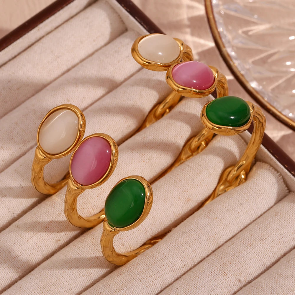 Oval Natural Stone Green Agate Pink Crystal 18K Gold Plated Bracelet – Luxury Women’s Jewelry