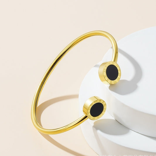 Stainless Steel Roman Mother-of-Pearl 18K Open Bracelet – Simple Luxury Women’s Jewelry