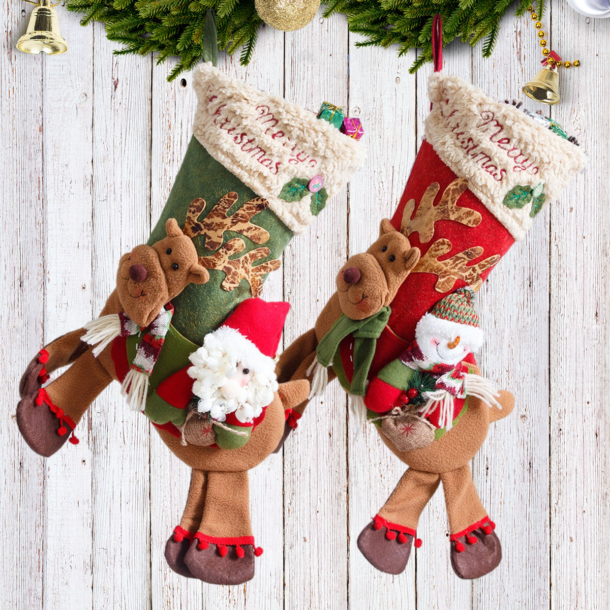 Santa Claus & Snowman Christmas Socks – Deer Riding, Apple Bag Gifts for Kids