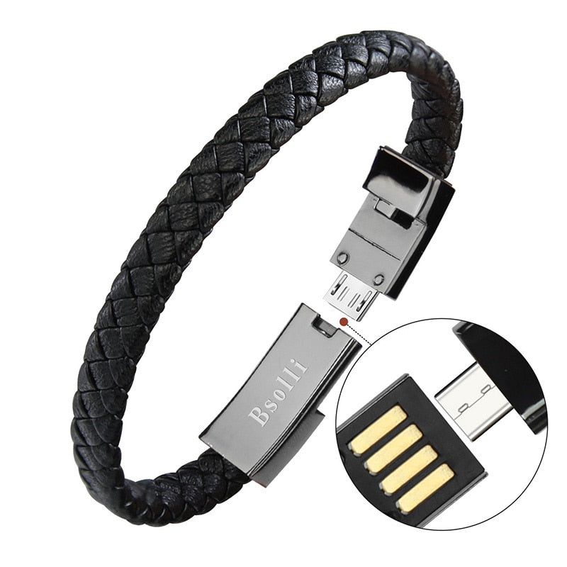 USB Leather Bracelet Charger – Men’s Stainless Steel Magnetic Fast Charging Punk Bracelet