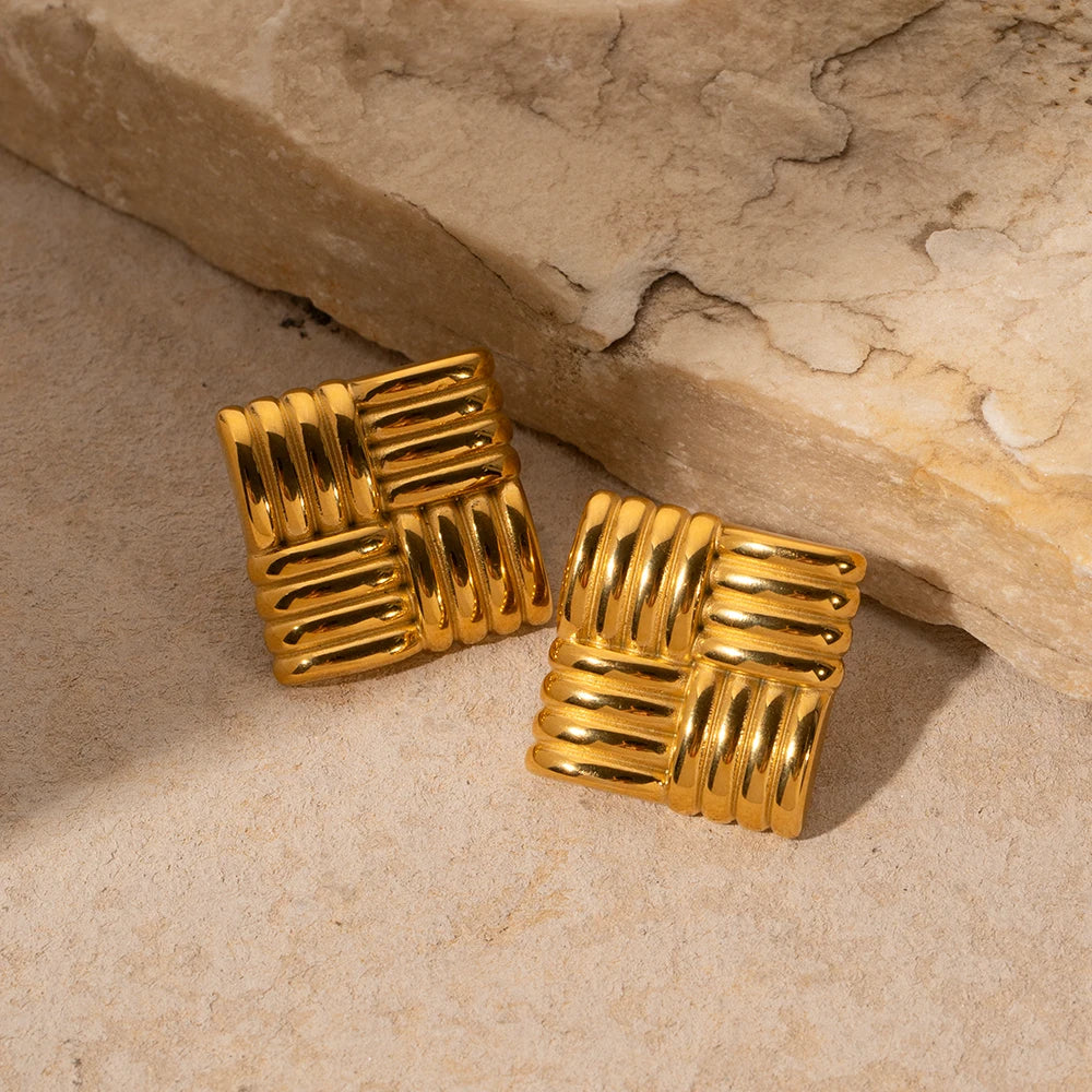 Stainless Steel Minimalist Retro 18K Gold Plated Square Textured Earrings – Unique Luxury Ear Jewelry for Women