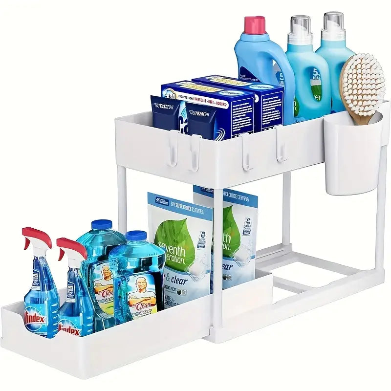 2-Tier Sliding Under Sink Organizer with Metal Frame – Multi-Purpose Storage Basket for Kitchen & Bathroom (Black/White)
