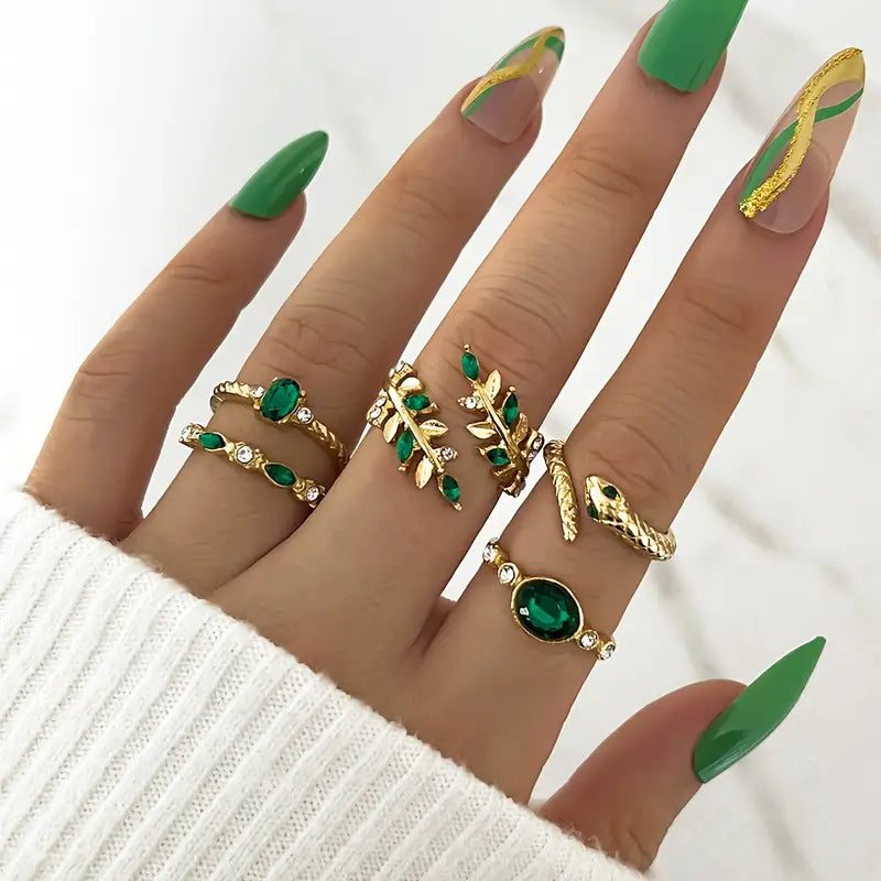 5pcs Green Stone Ring Set – Elegant Gold-Toned Jewelry Set