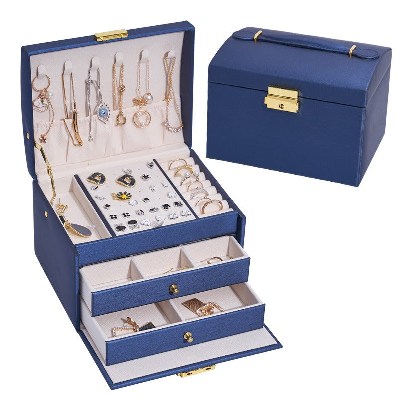 Luxury Three Layer Leather Drawer Jewelry Box with Lock – Elegant Earring & Stud Organizer