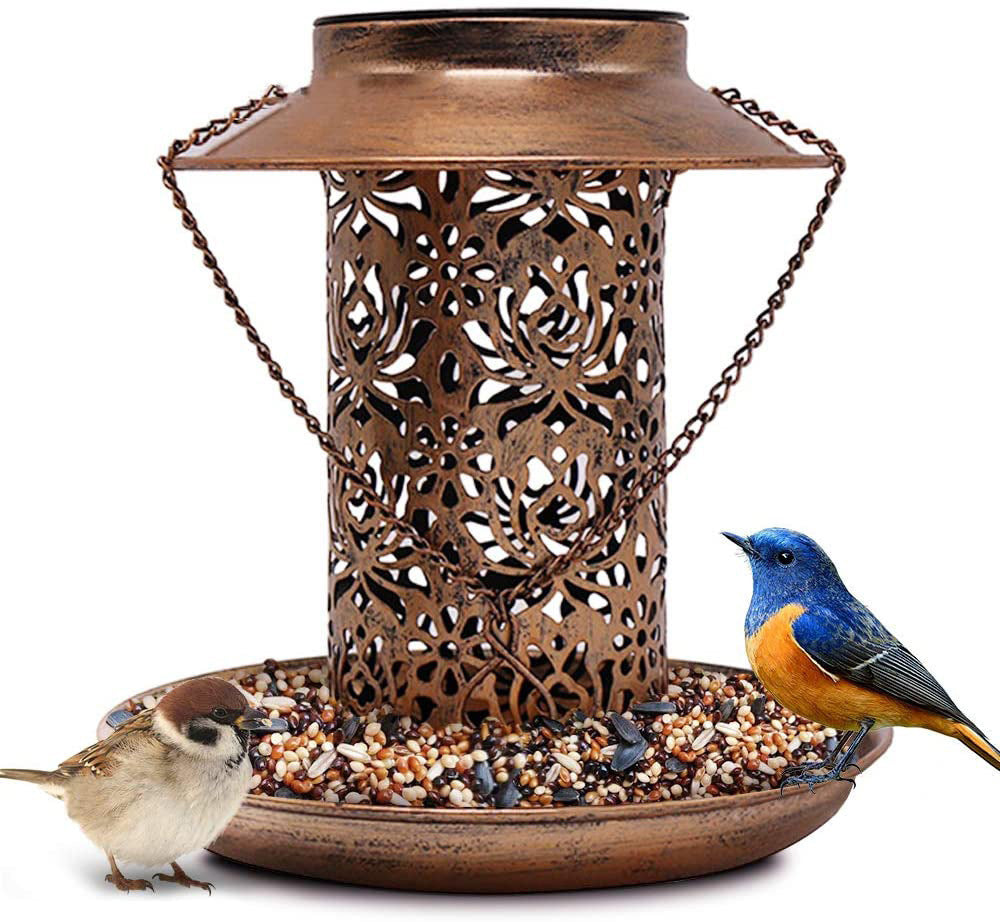Outdoor Solar Powered Lamp & Metal Hanging Bird Feeder – Dual-Purpose Feeding and Watering Decorative Lamp