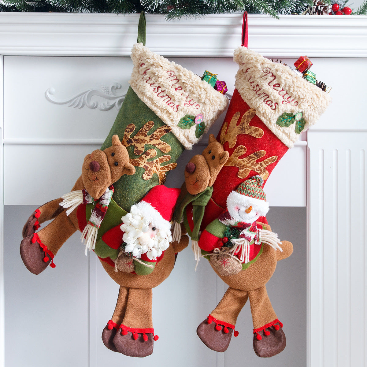 Santa Claus & Snowman Christmas Socks – Deer Riding, Apple Bag Gifts for Kids